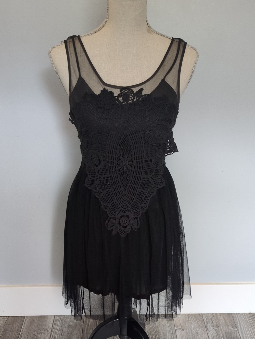 Free People Black Lace Overlay Mesh Dress XS